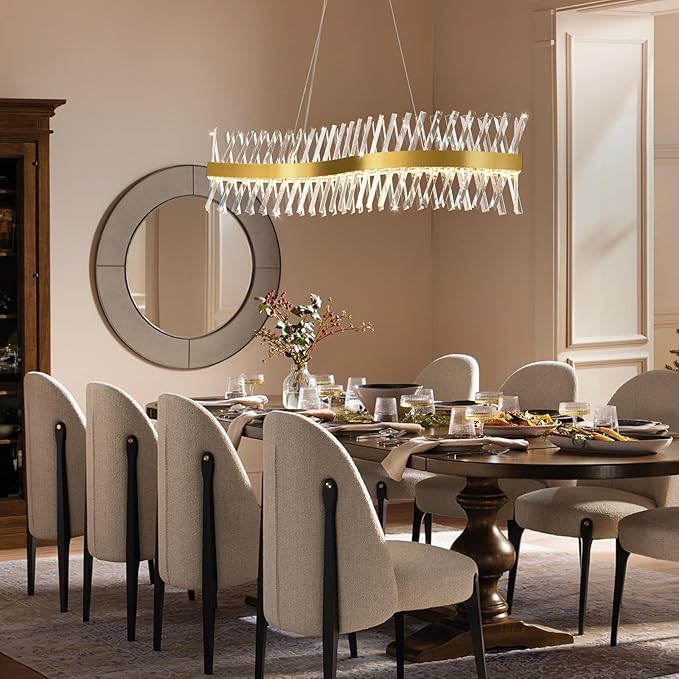 Modern Crystal Chandeliers, L47" Large Chandeliers for Dining Room Over Table, S-shape Luxurious Gold Rectangular Dining Room Chandelier Linear Kitchen Island Lighting, Dimmable Ceiling Light Fixture