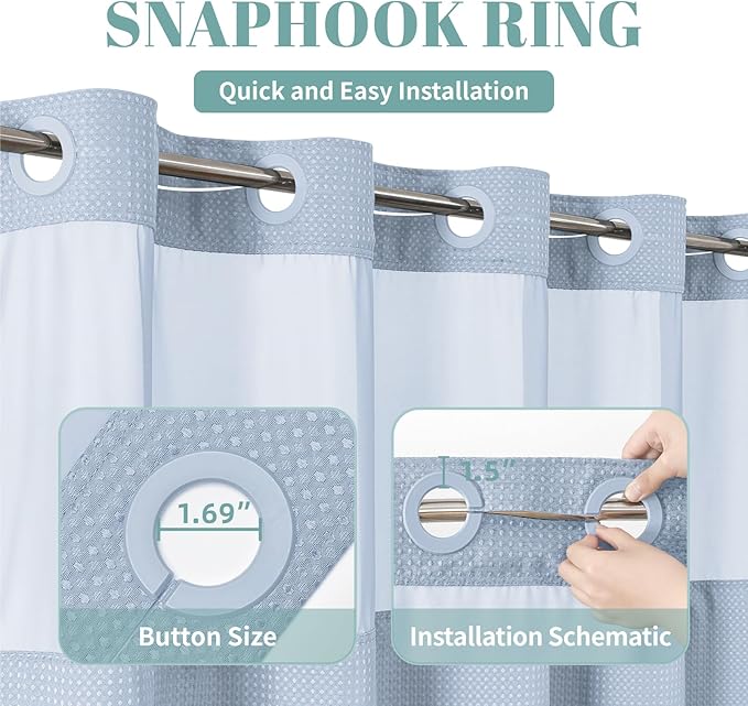 FrostBlue No Hook Waffle Weave Shower Curtain with snap-in Liner Replacement, 230GSM Waterproof Fabric Hotel Shower Curtain Set for Bathroom, Through Mesh Top Window,71Wx74H