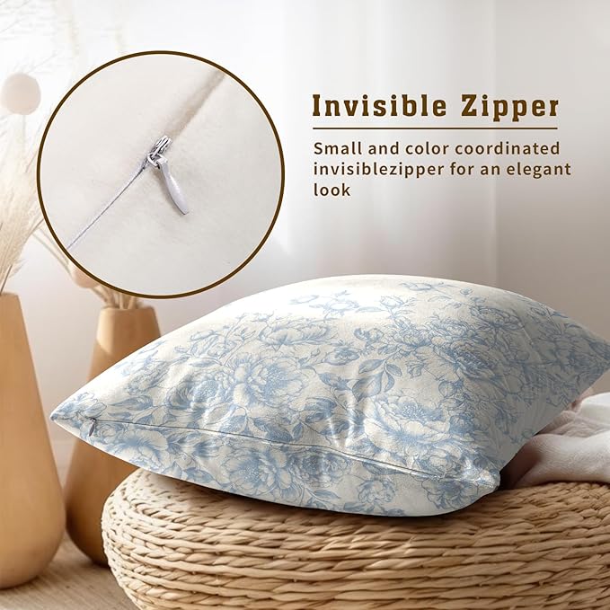 Chinoiserie Flowers Throw Pillow Covers 20x20 Inch Set of 2, Vintage Floral Blue White Decorative Square Cotton Cushion Cover Pillowcases for Home Couch Sofa Bed Outdoor Decor