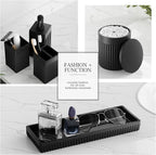 6-Piece Black Bathroom Set - Sleek Resin Organizer with Soap Dispenser, Toothbrush Holder, Vanity Tray, Tumbler & Apothecary Jars for Small Spaces