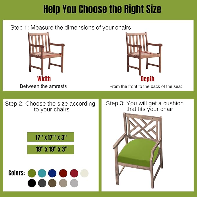 idee-home Thick 17" x 17" x 3" Patio Chair Cushions Set of 2, Waterproof with Ties, Seat Cushions for Outdoor Furniture, Dining Chair Pads Green