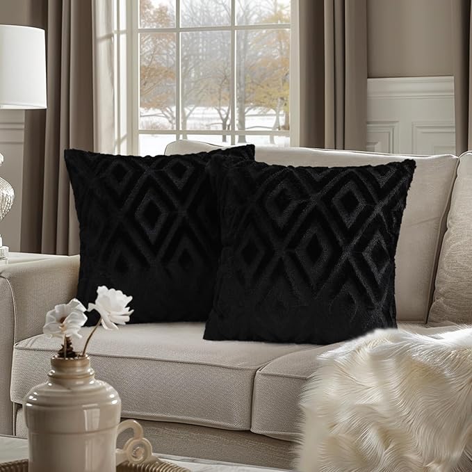 Pallene Black Throw Pillow Covers 18x18 Set of 2, Soft Plush Faux Fur Decorative Couch Pillow Covers for Sofa Bed Living Room Pillow Cases with 3D Diamond Pattern