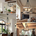 Farmhouse Drum Chandelier,Rustic White Oak Wood Color&Black Metal Finish 4-Light Chandeliers for Dining Room Kitchen Entryway UL Listed