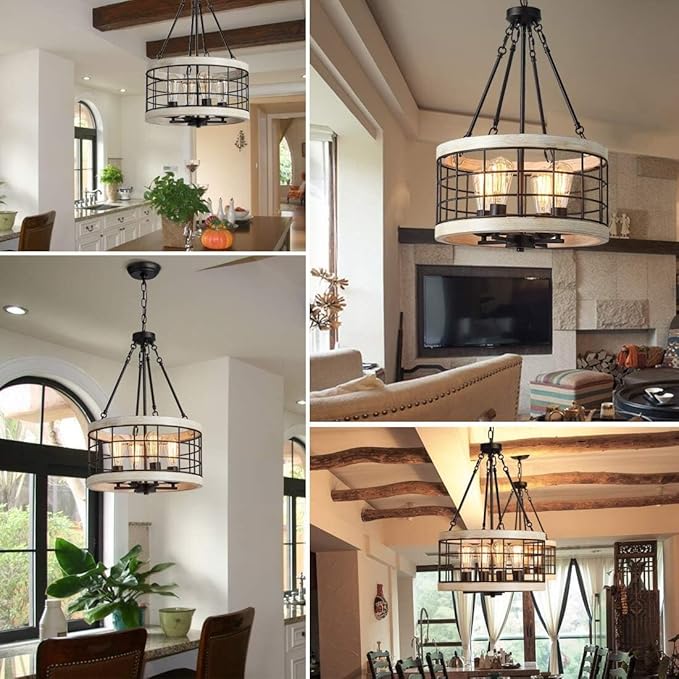 Farmhouse Drum Chandelier,Rustic White Oak Wood Color&Black Metal Finish 4-Light Chandeliers for Dining Room Kitchen Entryway UL Listed
