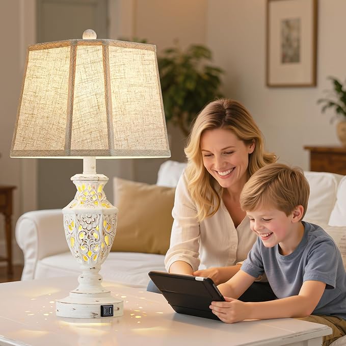 Lamps for Night Stands Set of 2-23.5" Boho Bedside Lamp with USB A+C and Nightlight - Cream Rustic Carved Resin Farmhouse Table Lamp for Bedrooms, End Tables, Living Room, Bulbs Included