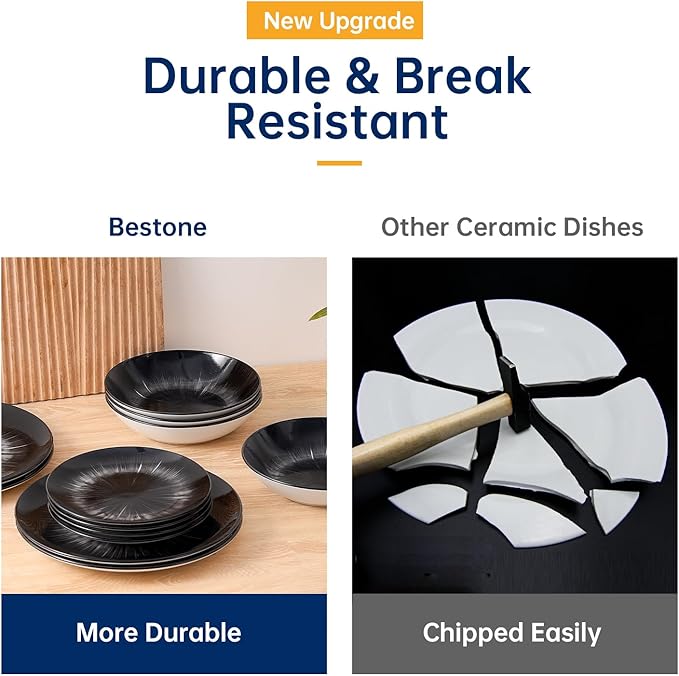 Bestone Porcelain Dinnerware Sets Service for 4, 12 pcs Hand drawn Plates and Bowls Sets, Handmade Ceramic Dish Set, Chip Resistant Modern Plate Set, Dishwasher/Microwave Safe，Black