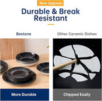 Bestone Porcelain Dinnerware Sets Service for 4, 12 pcs Hand drawn Plates and Bowls Sets, Handmade Ceramic Dish Set, Chip Resistant Modern Plate Set, Dishwasher/Microwave Safe，Black