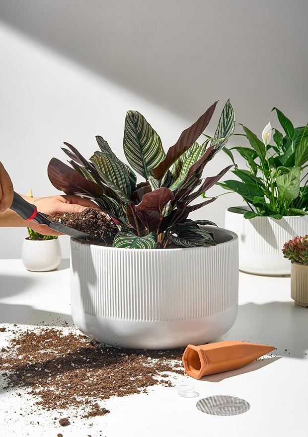 Ceramic Planters - 10+12 Inch Large Pots for Indoor & Outdoor Plants, Modern Flower Pots with Drainage Holes and Self Watering Devices, House White Big Plant Pot, Set of 2
