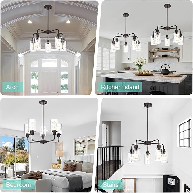VINLUZ 5-Light Oil-Rubbed Chandelier with Clear Glass Shades, E26 Base Modern Pendant Light Fixture, Adjustable Swivel Heads Ceiling Lighting, Farmhouse Chandelier for Dining Room Kitchen Hallway