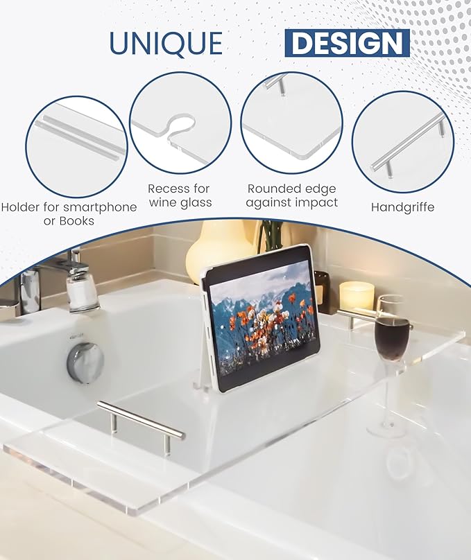 Acrylic Bathtub Tray Bathtub Tray Caddy Bath Tray Table for Tub Luxury Spa with Book and Wine Glass Holder Bathroom Accessories for Decorative Bathtubs, Transparent 31.5inch