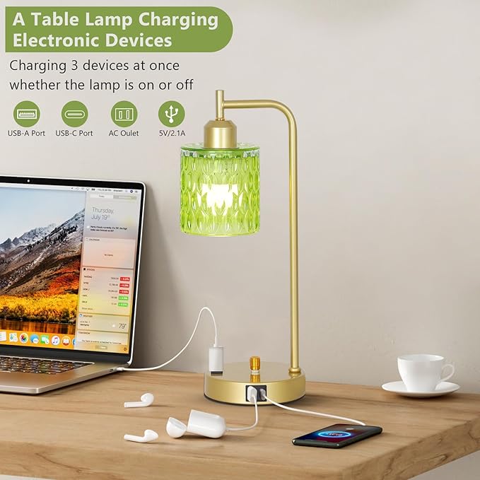 Green Table Lamp with USB Port and Outlet Set of 2, Glass Bedside Table Lamp for Bedroom, Retro Desk Lamps for Home Office, Mid Century Modern Small Night Stand Lamps, Gold Rustic Desk Light