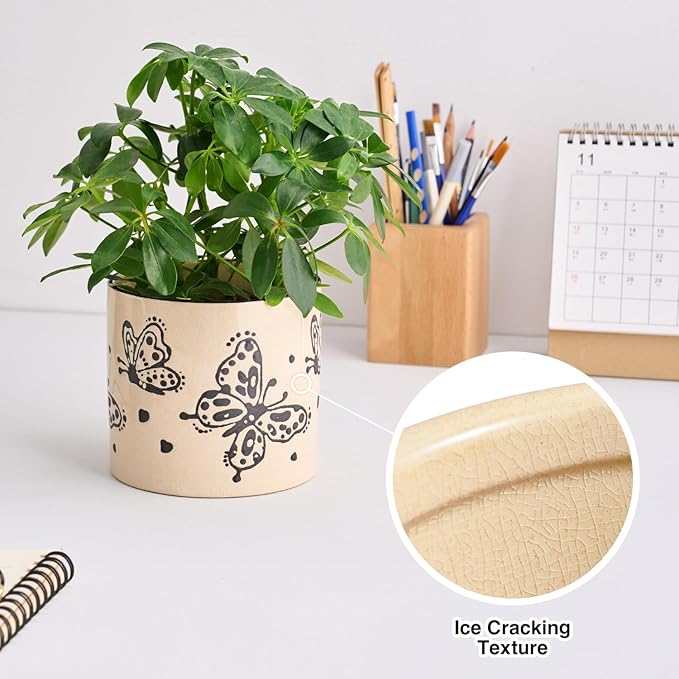 5 Inch Ceramic Plant Pots with Drainage Holes, Small Round Flower Pots for Indoor Plant, Unique Animal Flower Planters (Butterfly)