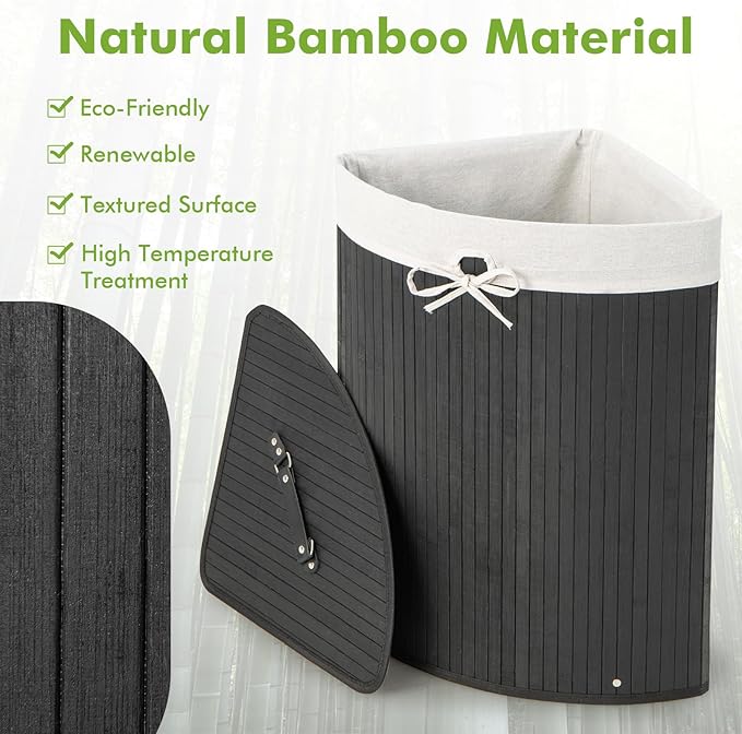 Giantex Corner Laundry Hamper with Lid, 58 L Bamboo Laundry Basket with Removable Liner & Handle, Triangle Clothes Hamper for Small Spaces, Bedroom, Bathroom, Laundry & Living Room (Black)
