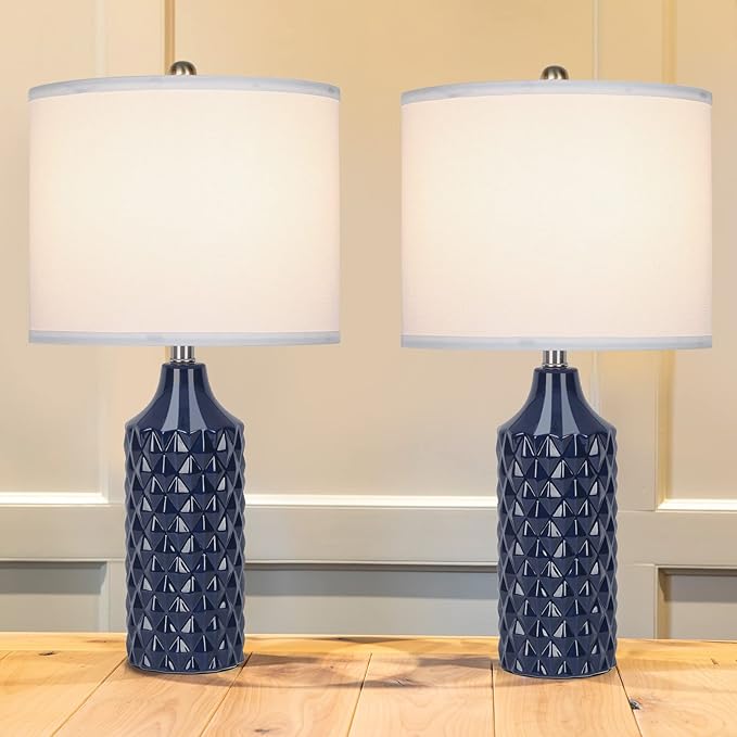 Modern Ceramic Table Lamp, Set of 2 - Navy Blue with Diamond Protrusions Texture, 25'' Nightstand Lamp for Bedroom Living Room, 3-Way Dimmable Included