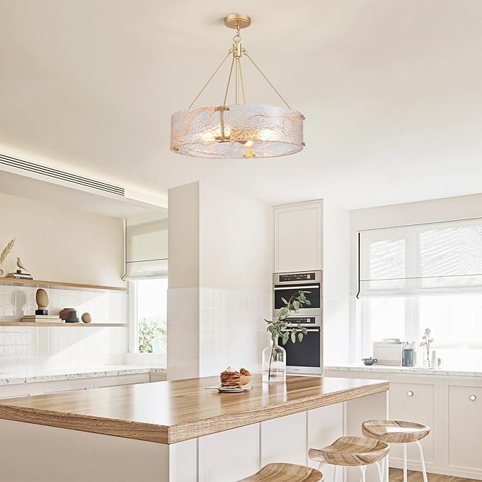 XINGQI 4-Light Modern Gold Glass Chandelier Round Water Ripple Pendant Lighting Fixture for Dining Room Living Room Kitchen Island Office Elegant French Chandeliers