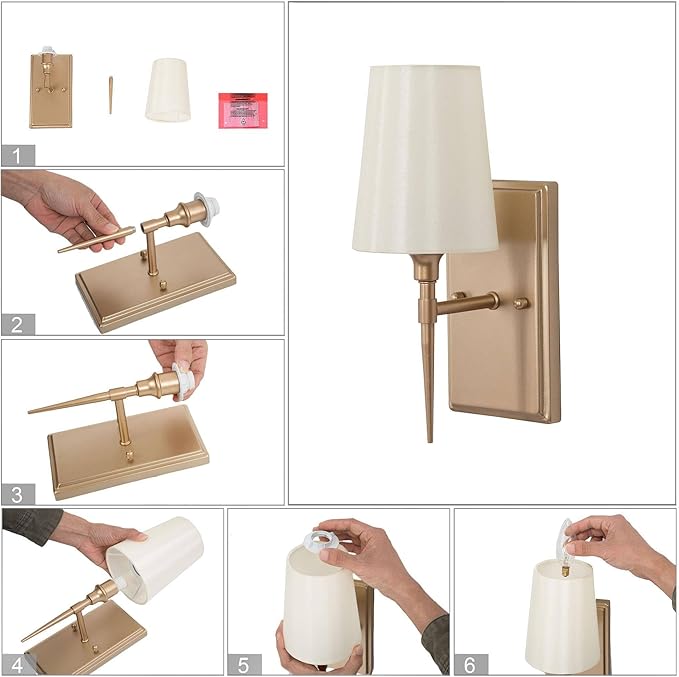 KSANA Sconces Wall Lighting, 1-Light Modern Gold Wall Sconces Indoor with White Fabric Shade, Wall Sconce Light Wall Lights for Bedroom, Living Room, Bathroom, Kitchen, Powder Room