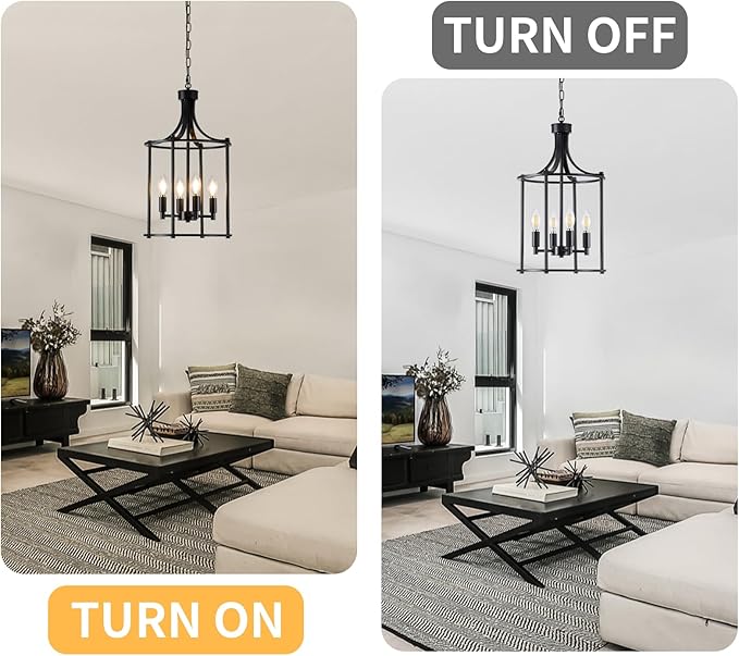 4-Light Black Chandeliers for Dining Room, Foyer Chandeliers Lantern Tiered Industrial Ceiling Light Metal Modern Farmhouse Pendant Lights for Kitchen Island Entryway, Living Room