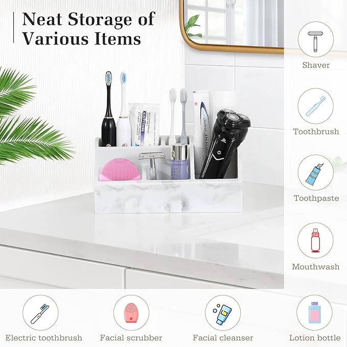 Luxspire Bathroom Counter Organizer, 5 Slot Toothbrush Holder, Marble Bathroom Accessories, Gravel White