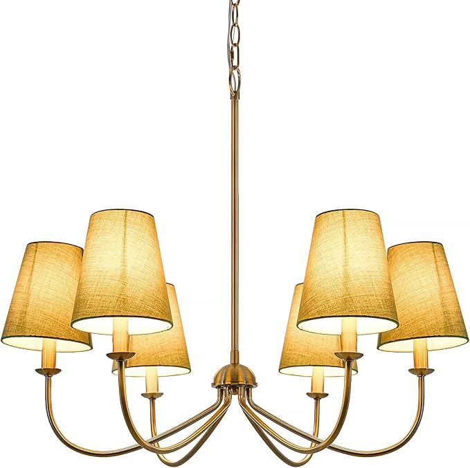 Gold Chandelier, Brushed Brass with Green Fabric Shade, 6-Light 28" Modern Farmhouse Linear Pendant Lighting Fixture for Dining Living Room Kitchen Island Bedroom