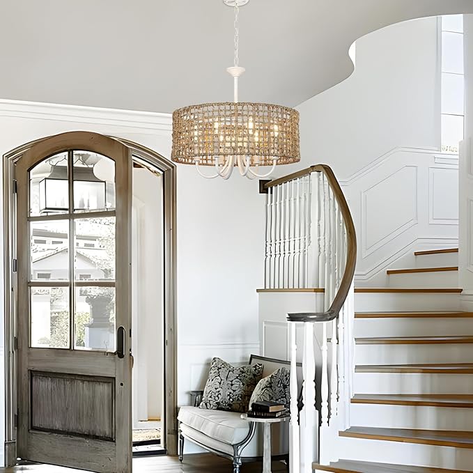 LynPon 17.7" White Boho Rattan Chandelier for Dining Room, 6-Light Boho Rattan Light Fixture with Hand Woven Wicker Shade, Coastal Vintage Chandelier for Living Room Kitchen Bedroom Entryway Hallway