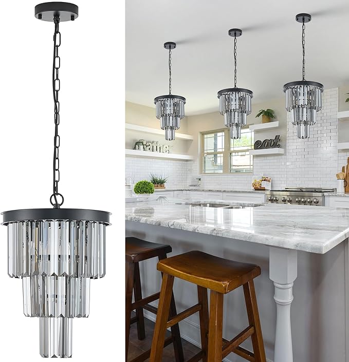 3 Tiers Black Crystal Pendant Light, Mini Smoke Gray K9 Crystal Chandelier Modern Pendant Light Fixture for Kitchen Island Dining Room Hallway Bedroom Closet