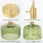 Pendant Light 2 Pack with Green Striped Glass Lmapshade, Brass Vintage Pendant Light Adjustable Hanging Light for Kitchen Island Dining Room Hallway
