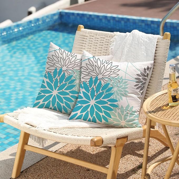 DFXSZ Outdoor Waterproof Summer Pillow Covers 20x20 Set of 2 Blue Floral Decorative Pillowcase for Patio Furniture 01S20