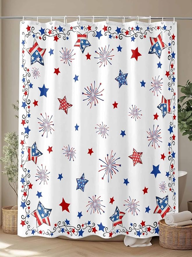 4th of July Shower Curtain, Patriotic Stars Fireworks Shower Curtains Set with Hooks, Red White and Blue Independence Day Waterproof Fabric Bathroom Curtains Decor Home Accessories,72 X 78 Inch Long
