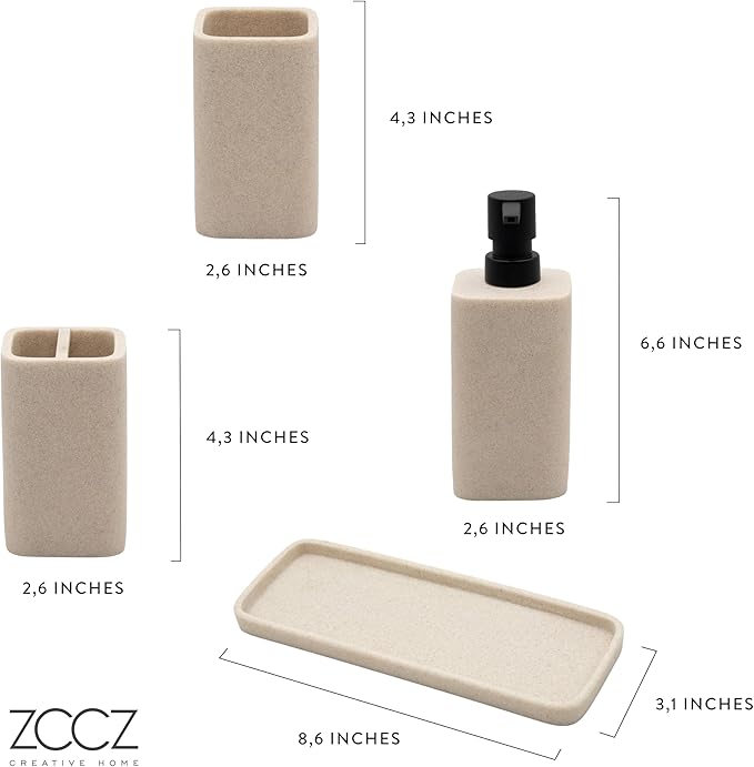 ZCCZ Beige Bathroom Accessory Sets, 4 Pieces Bathroom Accessories Complete Set Vanity Countertop Accessory Set, Includes Lotion Dispenser Soap Pump, Tumbler, Toothbrush Holder and Tray