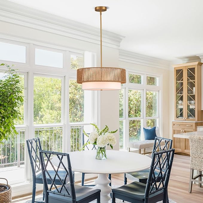 19" Bamboo Rattan Chandelier Hand-Woven Hanging Light Fixture Golden Drum Chandelier with Fabric Shade Vintage Farmhouse Bamboo Wicker Light Fixtures for Dining Room, Kitchen, Living Room