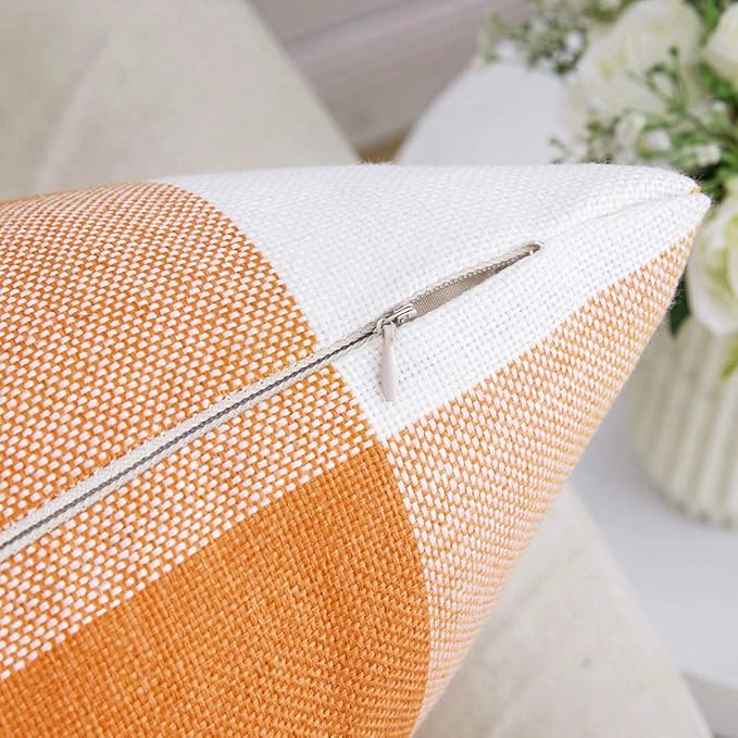 MIULEE Fall Throw Pillow Covers Pack of 2 Classic Farmhouse Buffalo Check Plaids Linen Soft Solid Orange and White Decorative Outdoor Cushion Case for Sofa Bedroom 16 x 16 Inch 40 x 40 cm