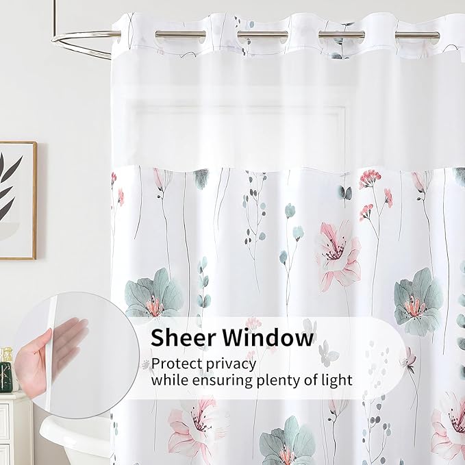 QiyI Flower Shower Curtain with Snap in Liner, Grey and Pink Watercolor Floral Cloth Bath Curtain, No Hook Shower Curtains with Mesh Top Window, Fabric Waterproof Bathroom Curtain Set, 72 x 87 Inch