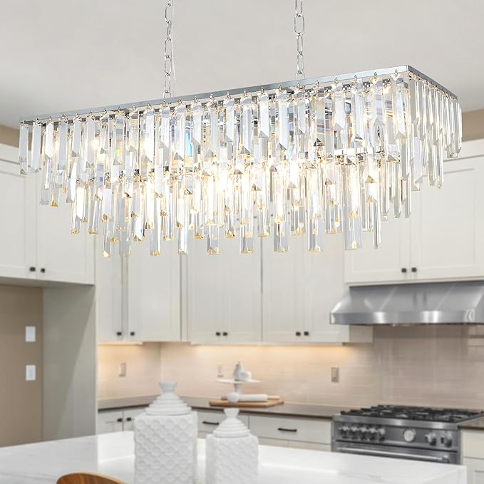 Rectangle Chandeliers for Dining Room Chrome, 32" Modern Rectangular Crystal Chandelier 10 Lights Top K9 Linear Ceiling Pendant Light Fixture for Dining Room Kitchen Table Living Room