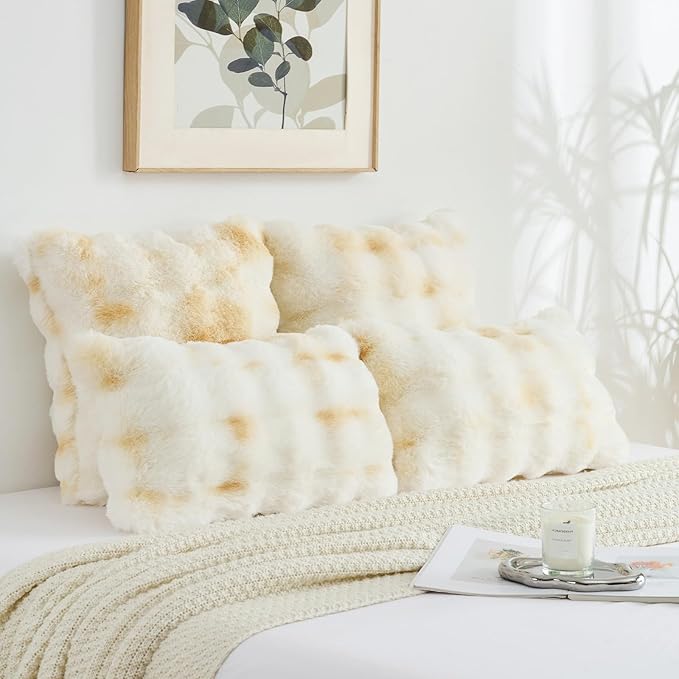 FUTEI Yellow White Decorative Throw Pillow Covers 24x24 Inch Set of 2,Soft Fuzzy Faux Rabbit Fur European Cushion Covers with Raised Texture,Neutral Boho Home Decor for Couch Bed Living Room