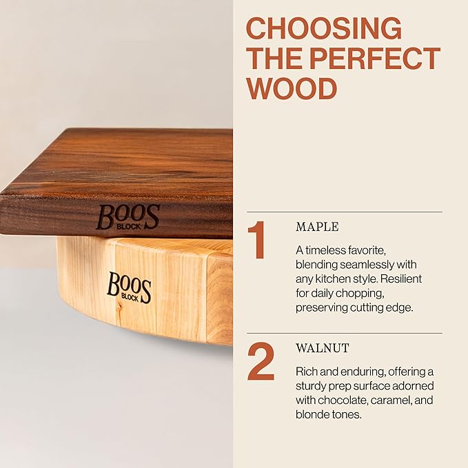 John Boos B Series Square Wooden Walnut Cutting Board 12”x12” – 1.5” Thick, 5-lb Non-Reversible Butcher Block with Wood Bun Feet & Edge-Grain