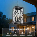 15.7'' Outdoor Pendant Light for Porch 3-Lights Metal Black Outdoor Chandelier Exterior Hanging Porch Light Fixtures w/Clear Glass, Outside Pendant Lantern for Front Door Entryway, E12 Base