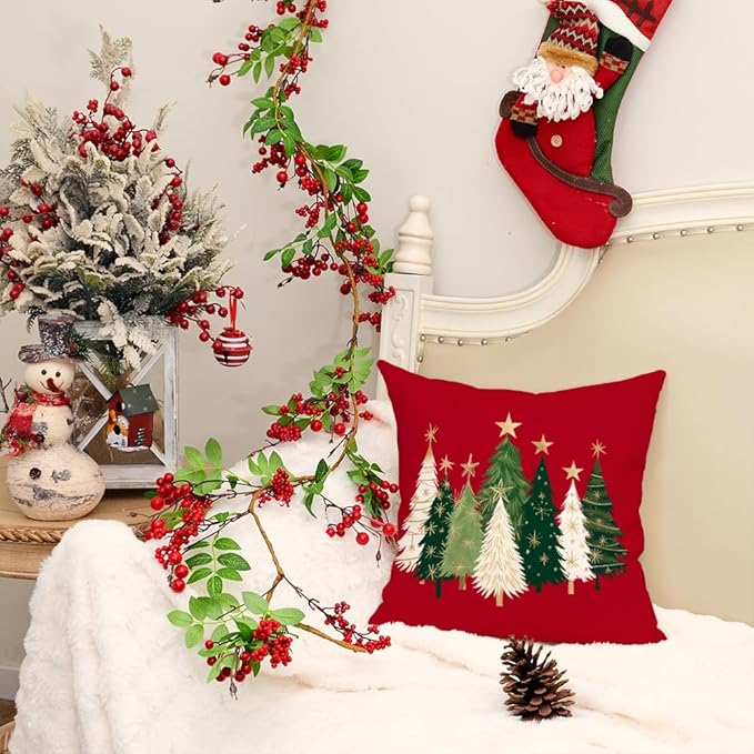 AACORS Christmas Pillow Cover 20X20 Inch Watercolor Christmas Tree Stars Decoration Holiday Farmhouse Winter Pillow Case for Sofa Couch Decor（Red） AA231-20
