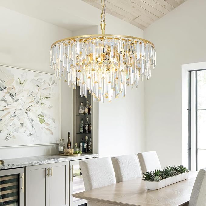 Gold Crystal Chandelier for Dining Room, 24" Modern Round Top K9 Crystal Chandeliers 5-Tier 8 Lights Adjustable Ceiling Hanging Pendant Light Fixture for Living Room Bedroom Foyer