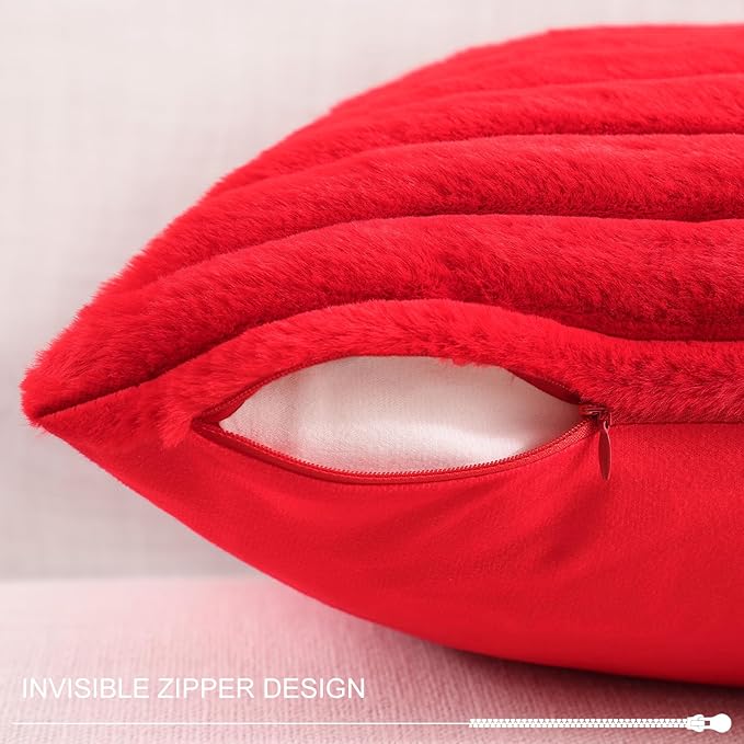Pallene Faux Fur Plush Christmas Throw Pillow Covers 24x24 Set of 2, Luxury Soft Fluffy Striped Decorative Pillow Covers for Sofa, Couch, Living Room, Red