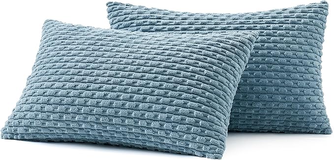 MIULEE Pack of 2 Decorative Lumbar Throw Pillow Covers 12x20 Inch Soft Boho Striped Textured Corduroy Pillow Covers Modern Farmhouse Home Decor for Couch Bed Sofa Living Room Blue Grey