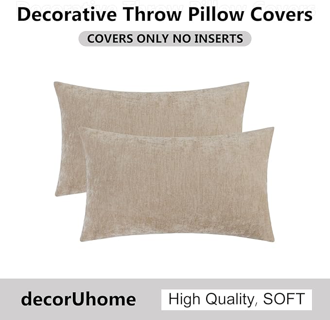 decorUhome Chenille Beige Throw Pillow Covers 12x20 Inch Set of 2, Decorative Soft Couch Pillow Covers Solid Dyed Accent Velvet Farmhouse Neutral Rectangle Pillow Cases for Sofa Bed Living Room