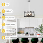 26'' Black Chandelier, Modern Farmhouse 8-Light Pendant Lighting Fixture for Dining Living Room Kitchen Entryway, Geometric Metal Large Adjustable Hanging Chandelier Lamp