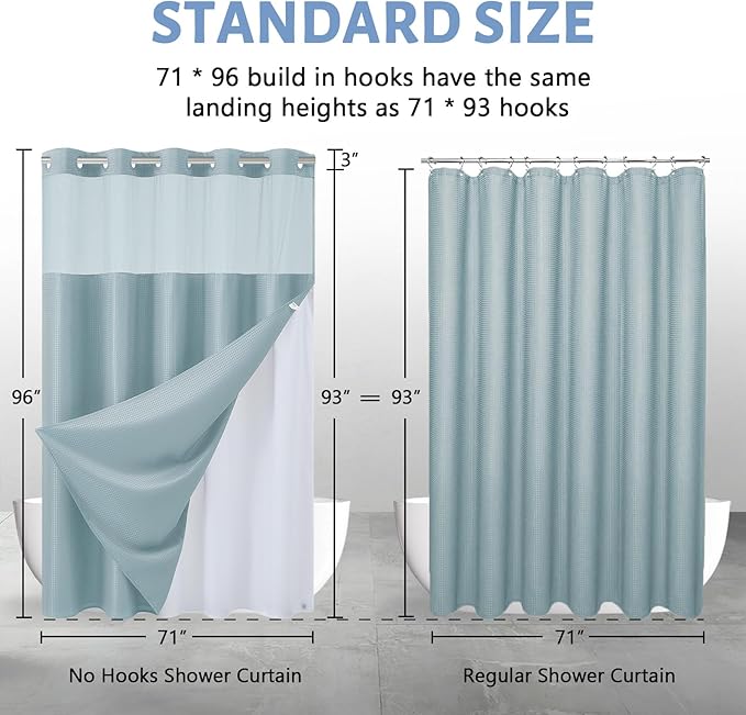 Extra Long Waterproof Bath Curtain 71x96 Fabric,Cloth Shower Liner with 12 Snap Buttons, Magnetic Hem with Fog Blue Waffle Weave Texture,No Hook Hotel Grade Machine Washable Curtain,Top Sheer Window.