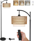 Arc Floor Lamp for Living Room with 3 Color Temperatures, Farmhouse Floor Lamps with Remote & Dimmable Bulb, Boho Standing Lamp with Rattan & Fabric Shades, Adjustable Tall Lamp for Bedroom, Office
