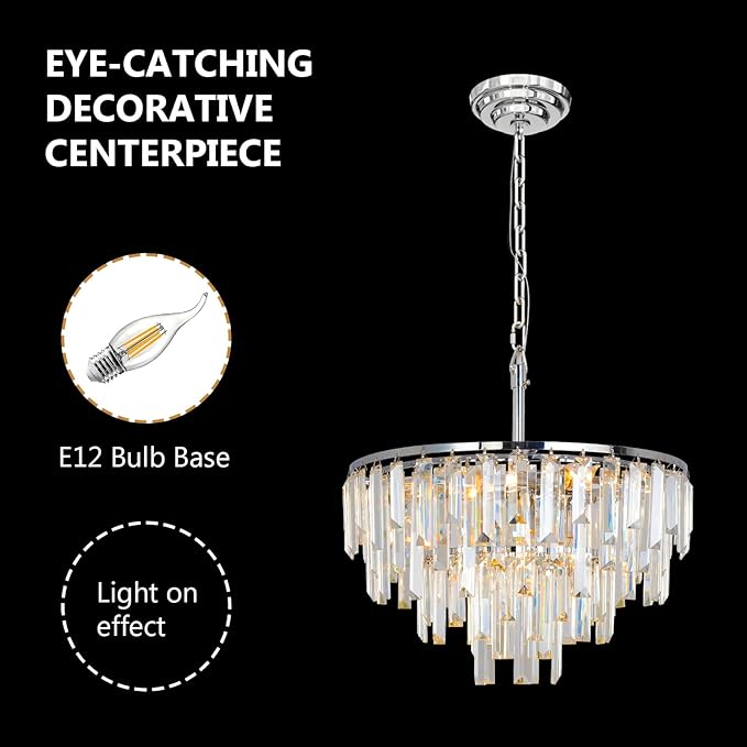 Chrome Modern Round Top K9 Crystal Chandelier Lighting Fixture, 6 Lights Round K9 Crystal Adjustable Hanging Lamp for Dining Room Bedroom Living Room,Hallway,Bar,Kitchen W17''