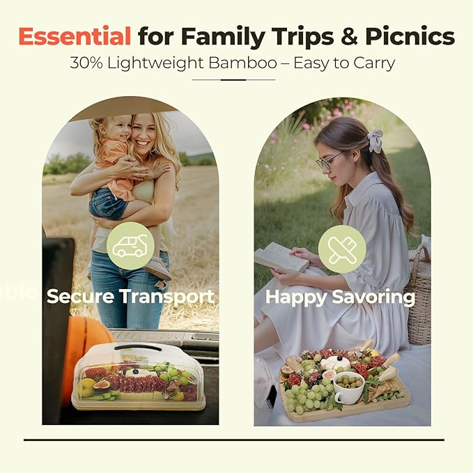 Large Portable Bamboo Charcuterie Board with Lid & Handle, Flip-to-Cut Cutting Board Set, 6 Compartments, Cheese Knives & Accessories, for Women, Bride Parties, Housewarming & Weddings