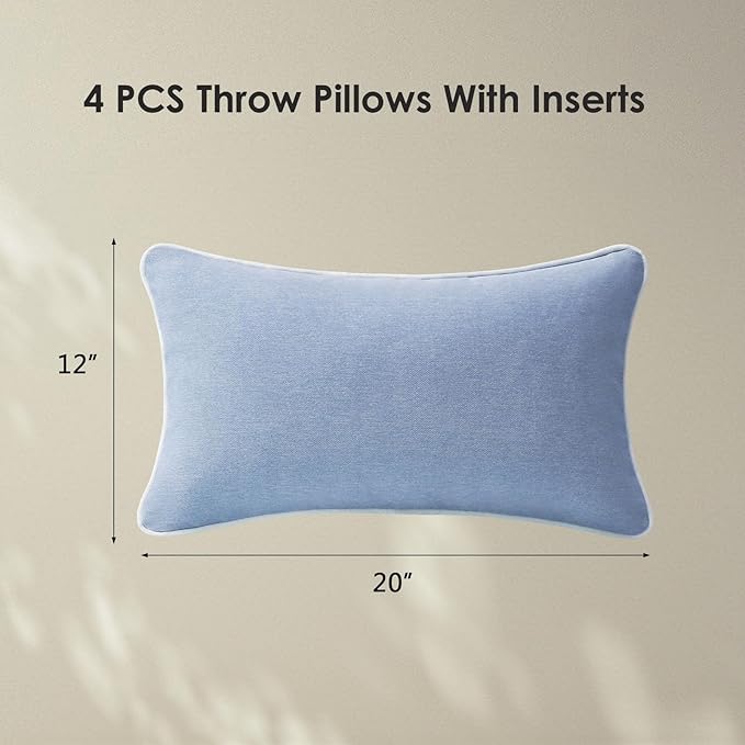 Decorative Outdoor Water Repellent Throw Pillows with Inserts, Set of 4, 20" x12" Pillows for Patio, Backyard, Bed, Couch, and Patio Furniture, Powder Blue