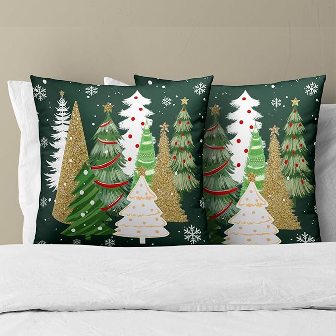 Christmas Throw Pillow Covers 20x20 Set of 2, Gold Green Xmas Trees Decorative Throw Pillows Seasonal Winter Soft Cotton Cushion Case for Sofa Couch Farmhouse Home Decor