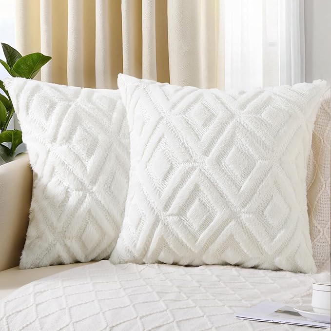 Pallene Christmas Cream White Throw Pillow Covers 18x18 Set of 2, Soft Plush Faux Fur Decorative Couch Pillow Covers for Sofa Bed Living Room Pillow Cases with 3D Diamond Pattern