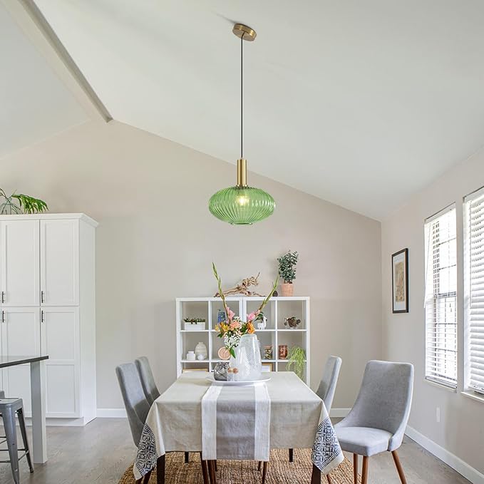 KCO Lighting Modern Gold Pendant Lights Kitchen Island Lighting Large Green Glass Globe Pendant Light Brass Dining Room Hanging Light Fixture Vintage Ribbed Ceiling Light